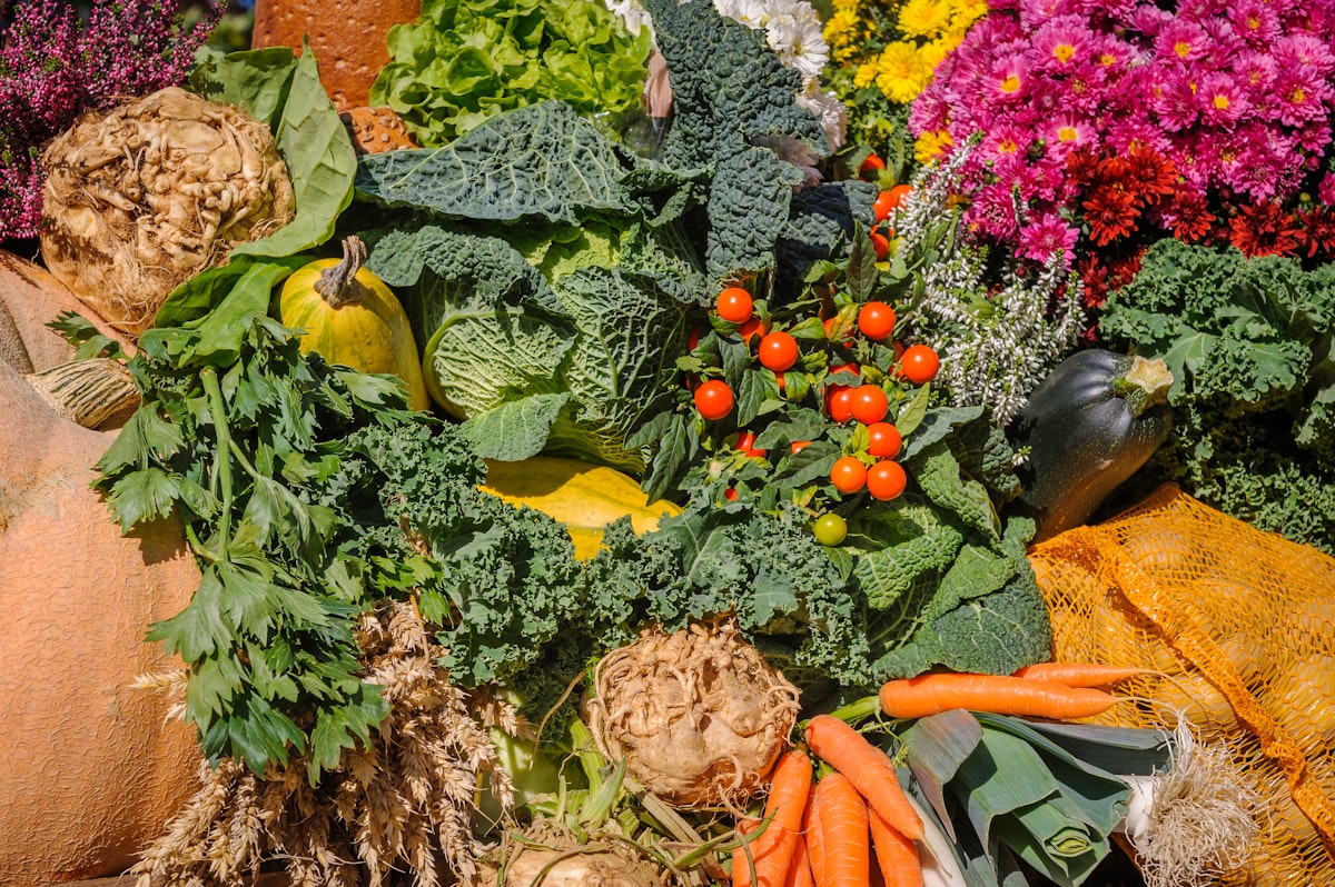 Seasonal fruits and vegetables at farmers market
